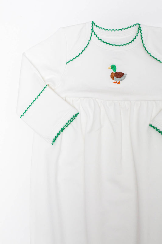 Pip Embroidered Gown - Mallard Duck: NB