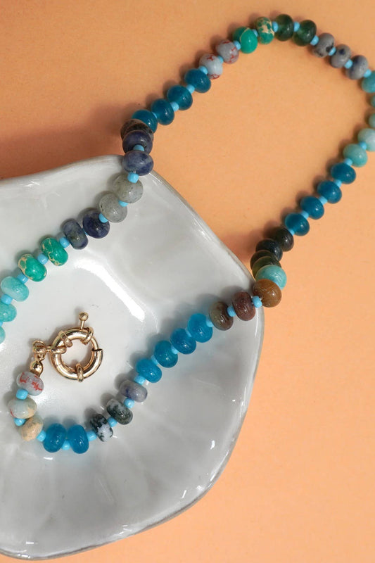 NATURAL STONE CHARM  SPRING CLASP BEADED NECKLACE | 40NK9467: B