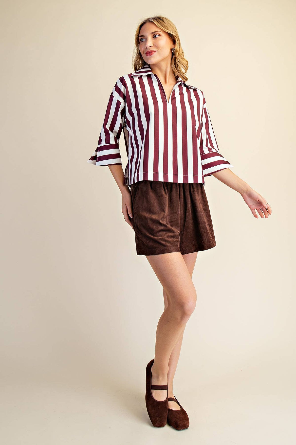Glam Collared Stripe Top Wine