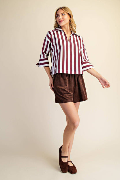 Glam Collared Stripe Top Wine