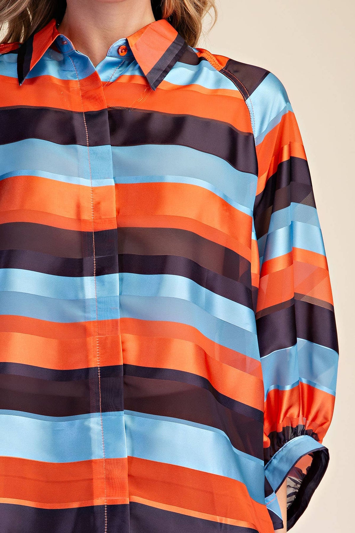 Glam Stripe Balloon Sleeves Shirt Rust