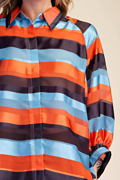 Glam Stripe Balloon Sleeves Shirt Rust
