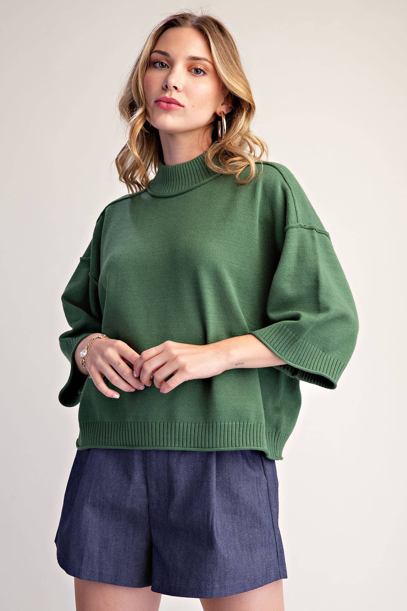 Mock Neck 3/4 sleeves Sweater Olive
