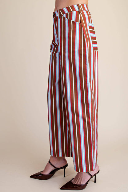Barrel Leg Stripe Pants Camel/Blue