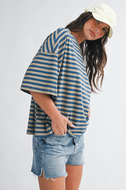 Oversized Stripe Boyfriend Tee Tan