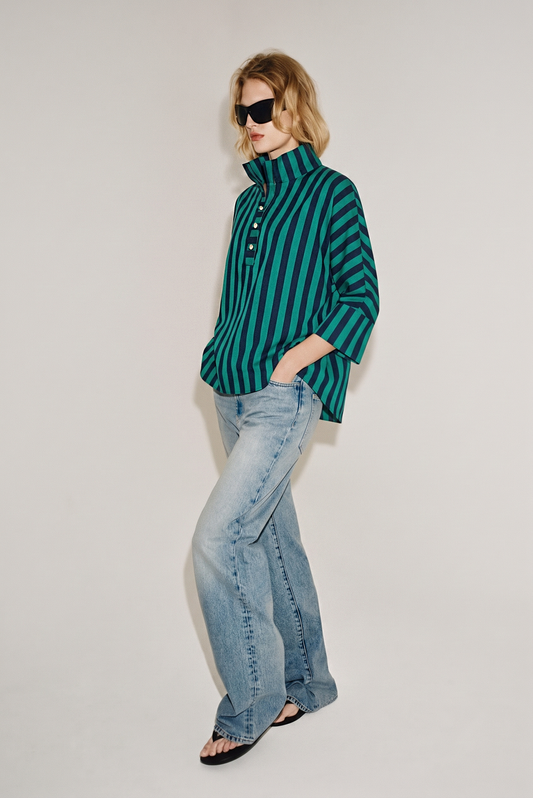 Glam Stand Neck Stripe Top Navy / Green