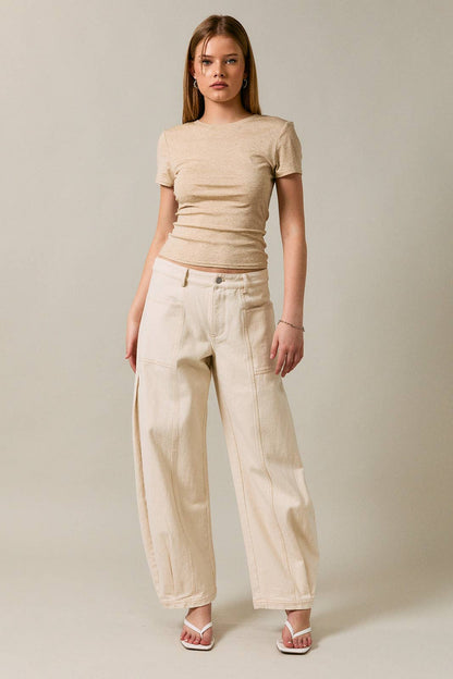 MID-WAISTED SIDE PLEATED DETAIL PANTS: NATURAL