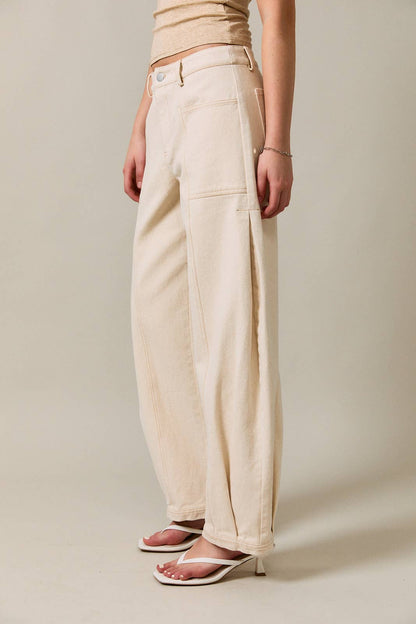 MID-WAISTED SIDE PLEATED DETAIL PANTS: NATURAL