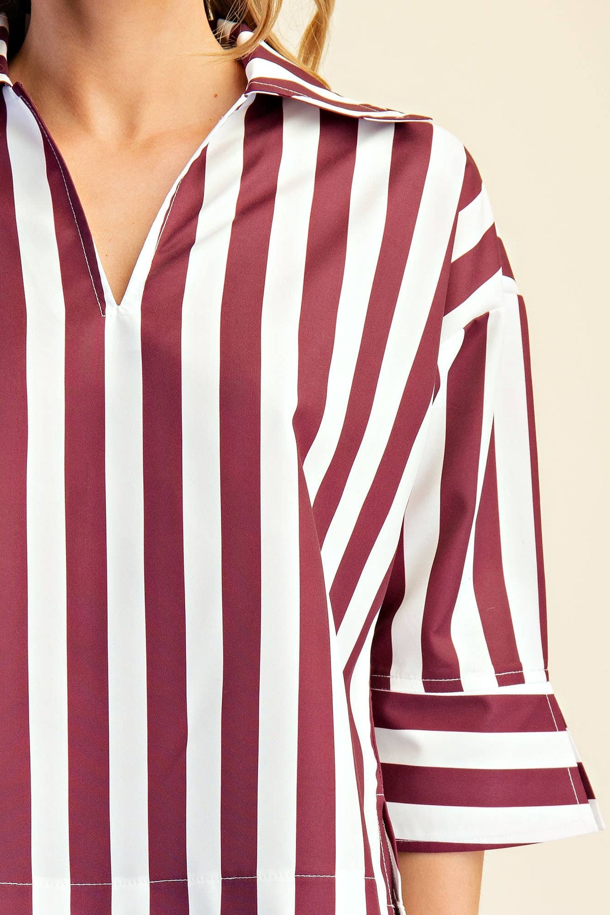 Glam Collared Stripe Top Wine