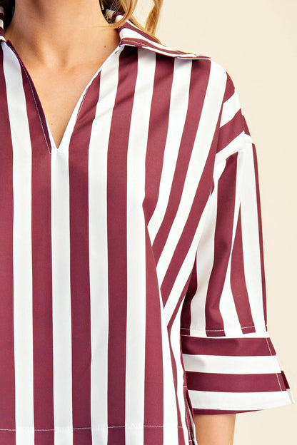 Glam Collared Stripe Top Wine