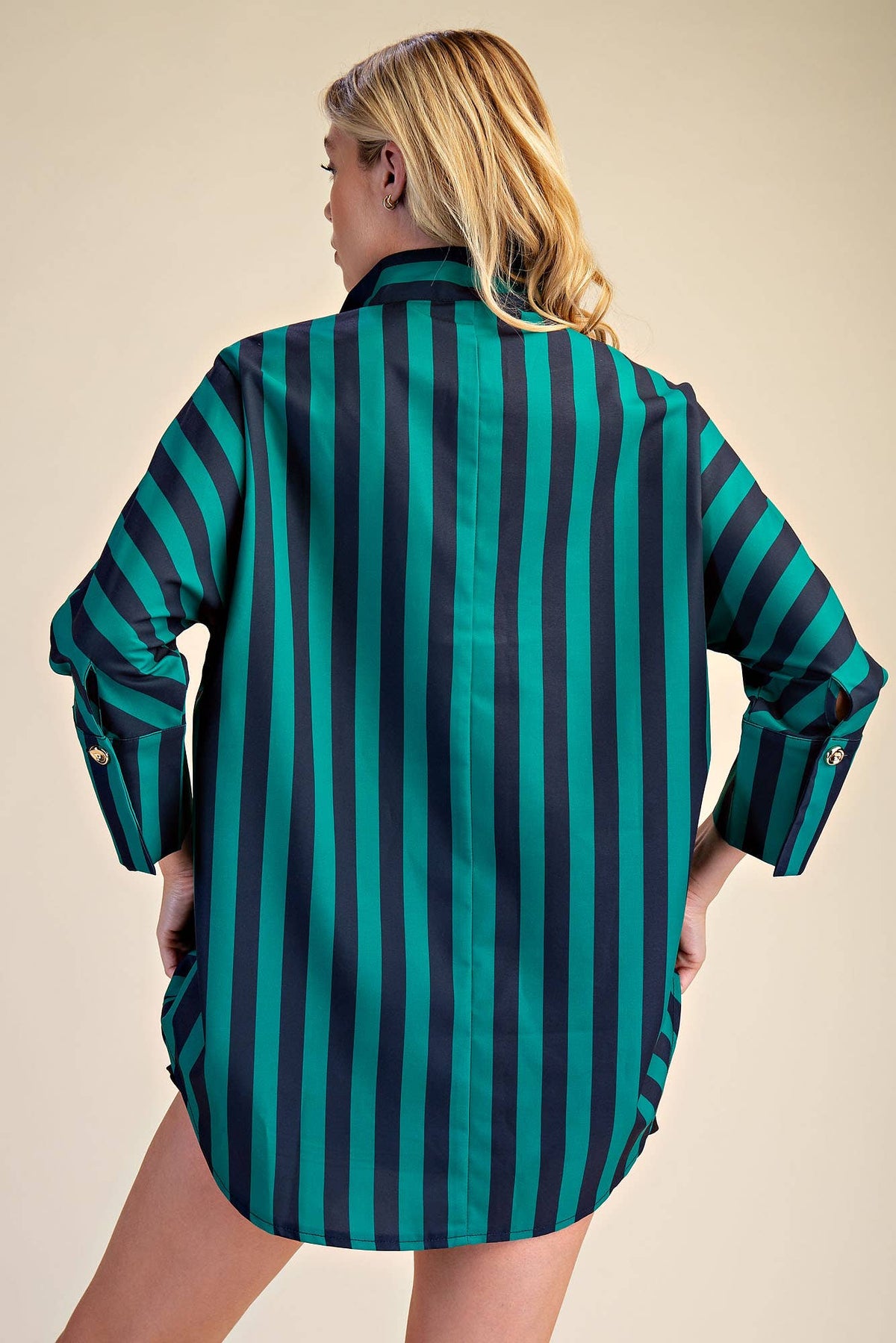 Glam Stand Neck Stripe Top Navy / Green