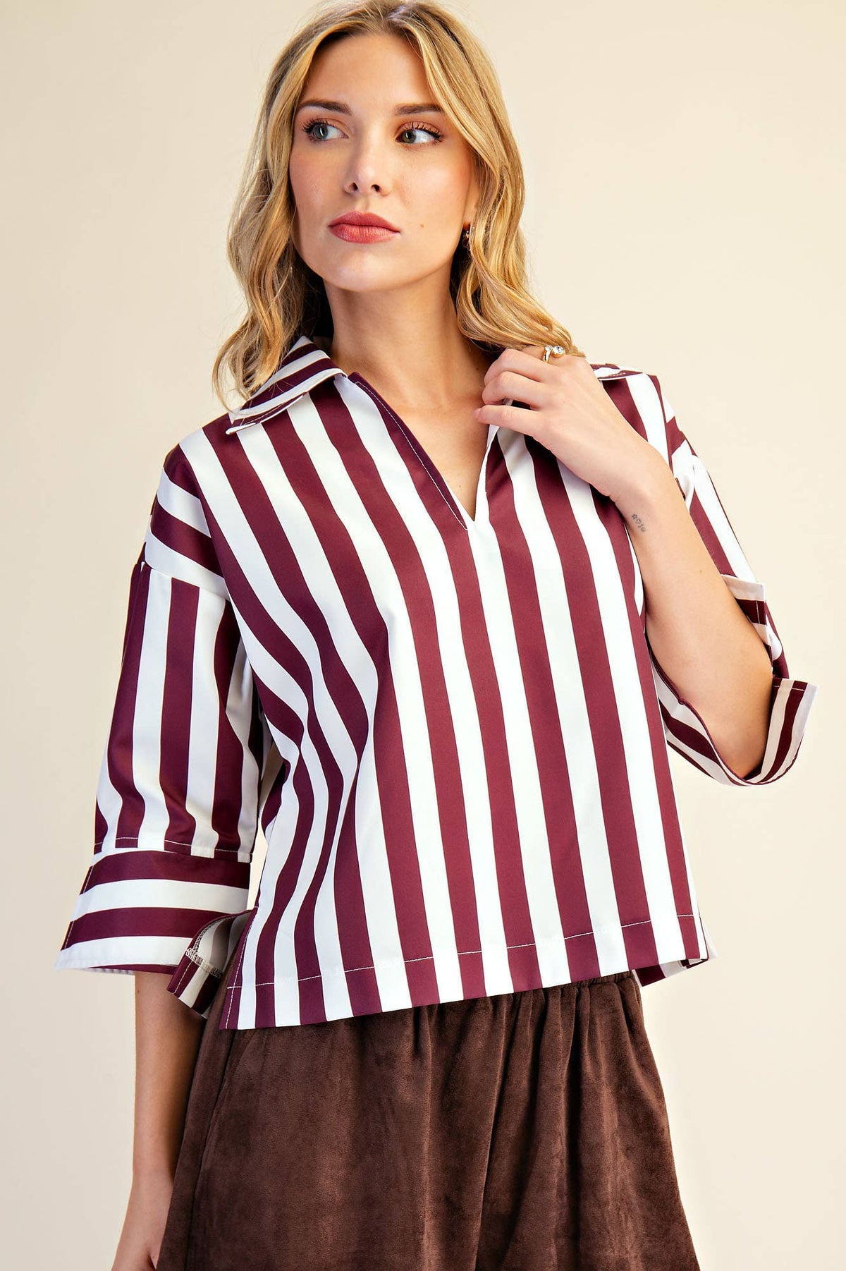 Glam Collared Stripe Top Wine