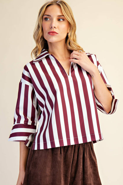 Glam Collared Stripe Top Wine