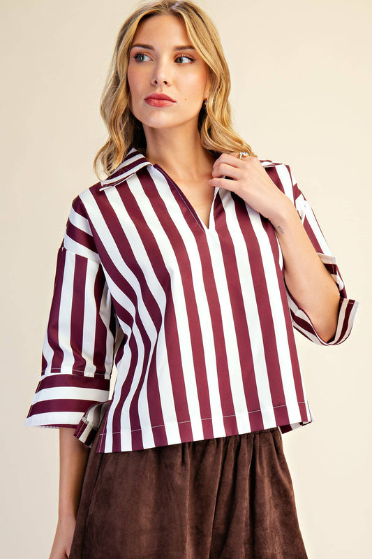Glam Collared Stripe Top Wine