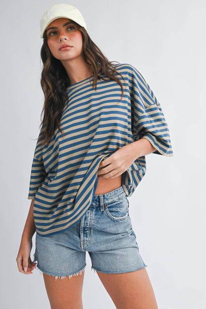 Oversized Stripe Boyfriend Tee Tan