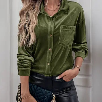 Dark Green Velvet Button Down Top