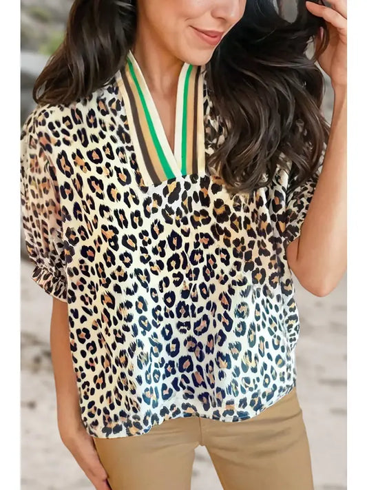 Wild Leopard Color Block Half Sleeve Blouse