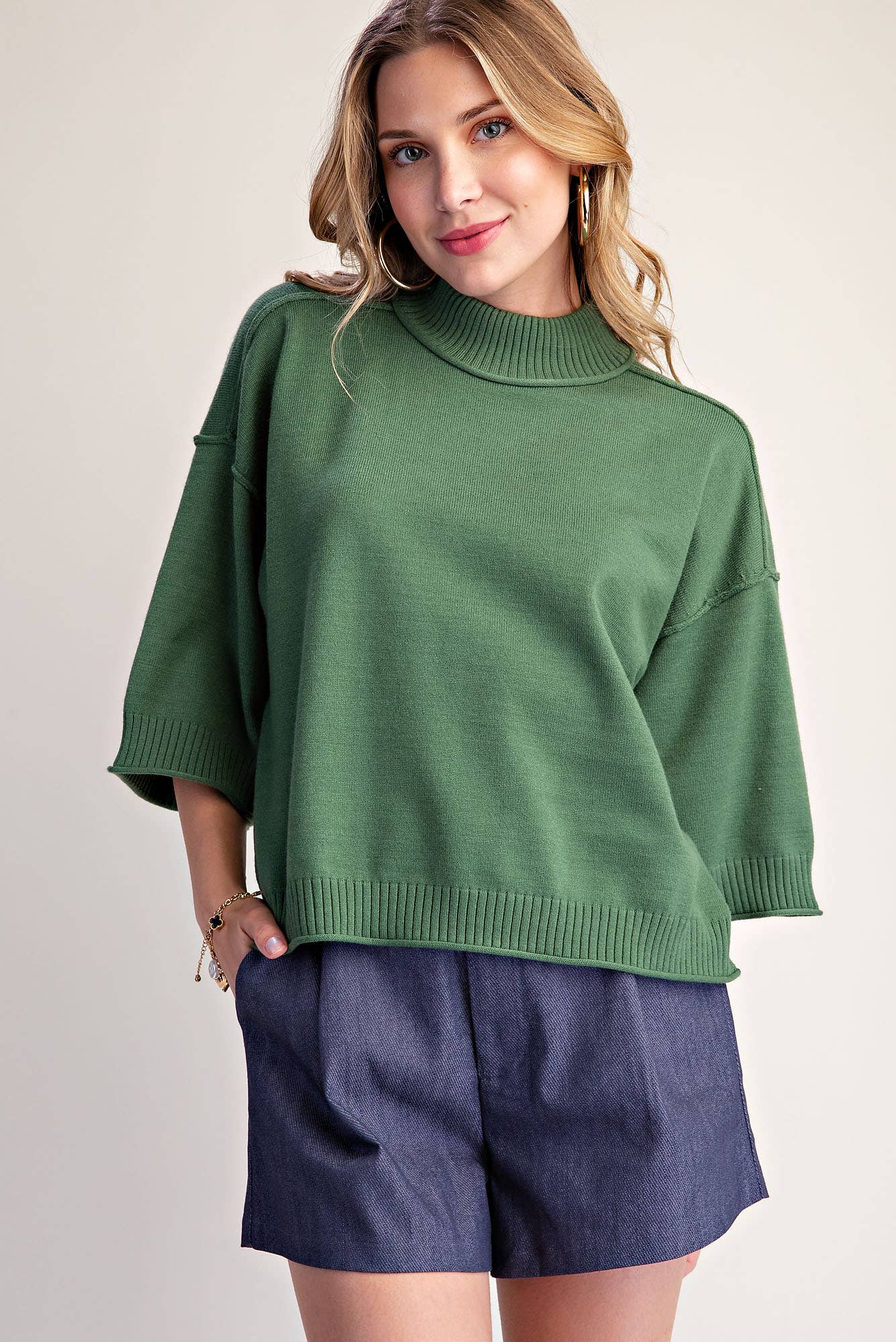 Mock Neck 3/4 sleeves Sweater Olive