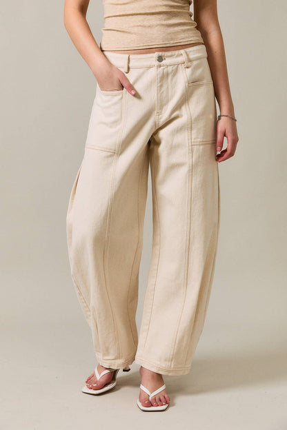 MID-WAISTED SIDE PLEATED DETAIL PANTS: NATURAL