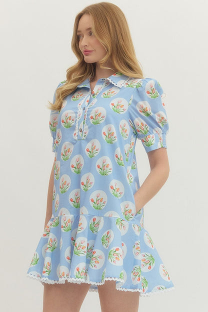 Entro Dress Light Blue with Tulips