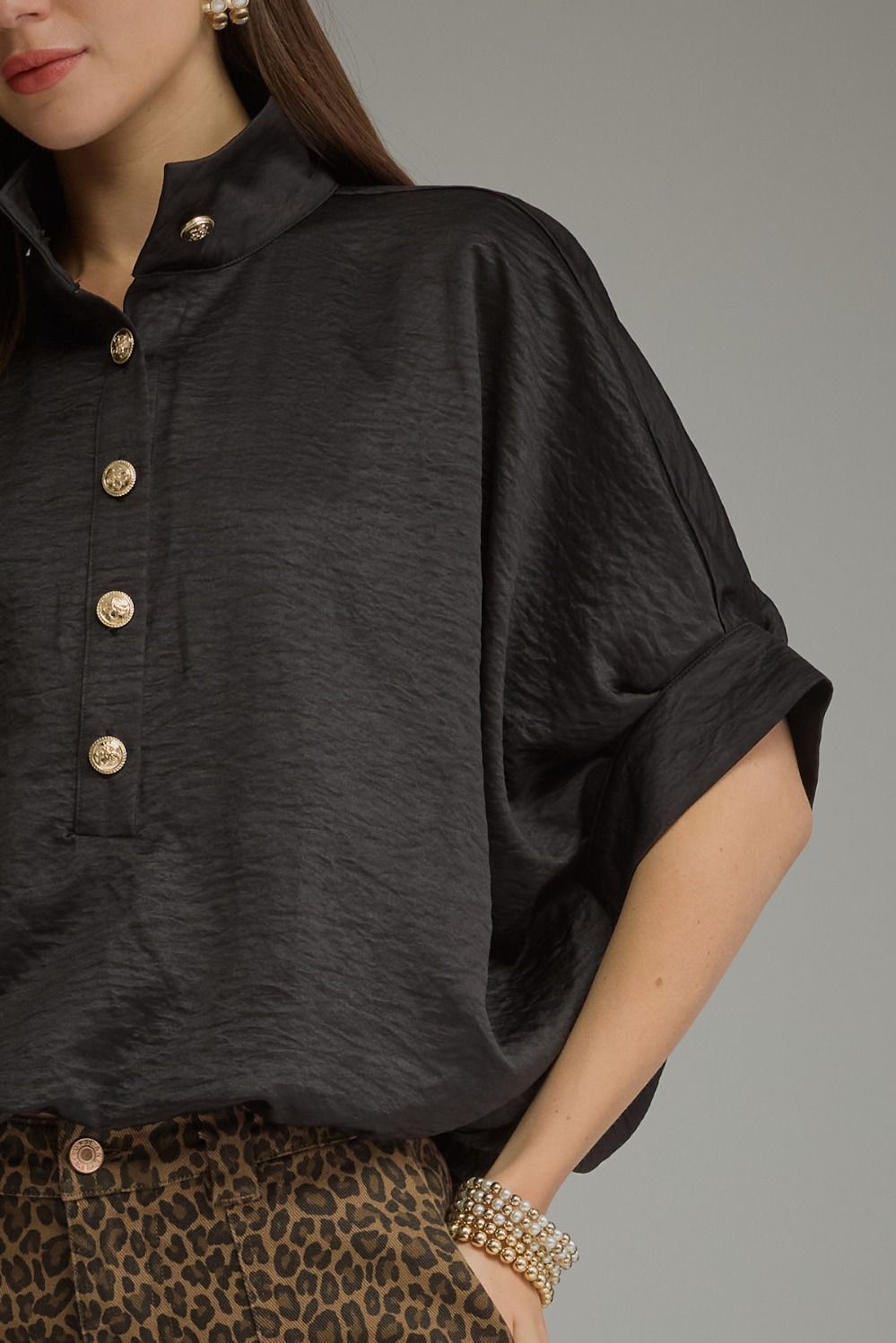 Entro Black Silk Gold Button Top