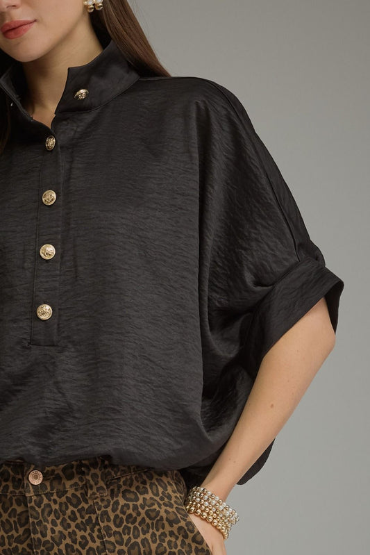 Entro Black Silk Gold Button Top
