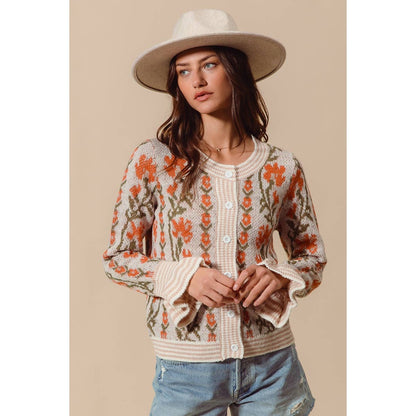 Cream Floral Ruffle Sleeve Cardigan