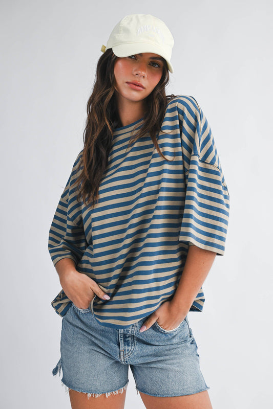 Oversized Stripe Boyfriend Tee Tan