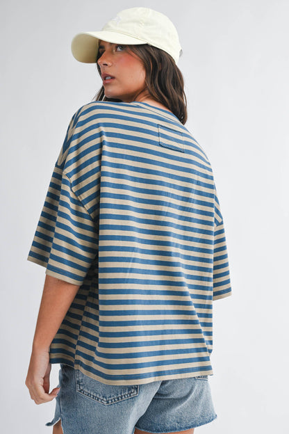 Oversized Stripe Boyfriend Tee Tan