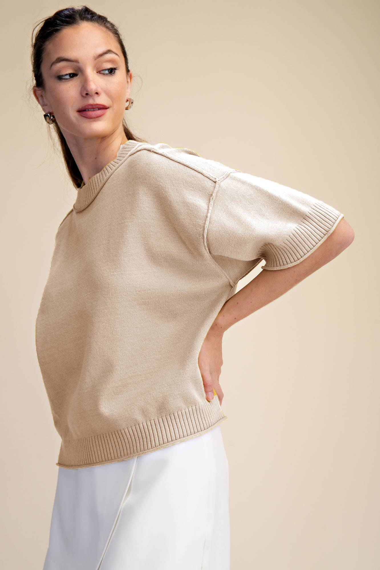 Relaxed Sweater Crew-Neck Elbow Beige