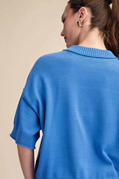 Elbow-Length Sleeve Light Sweater Blue